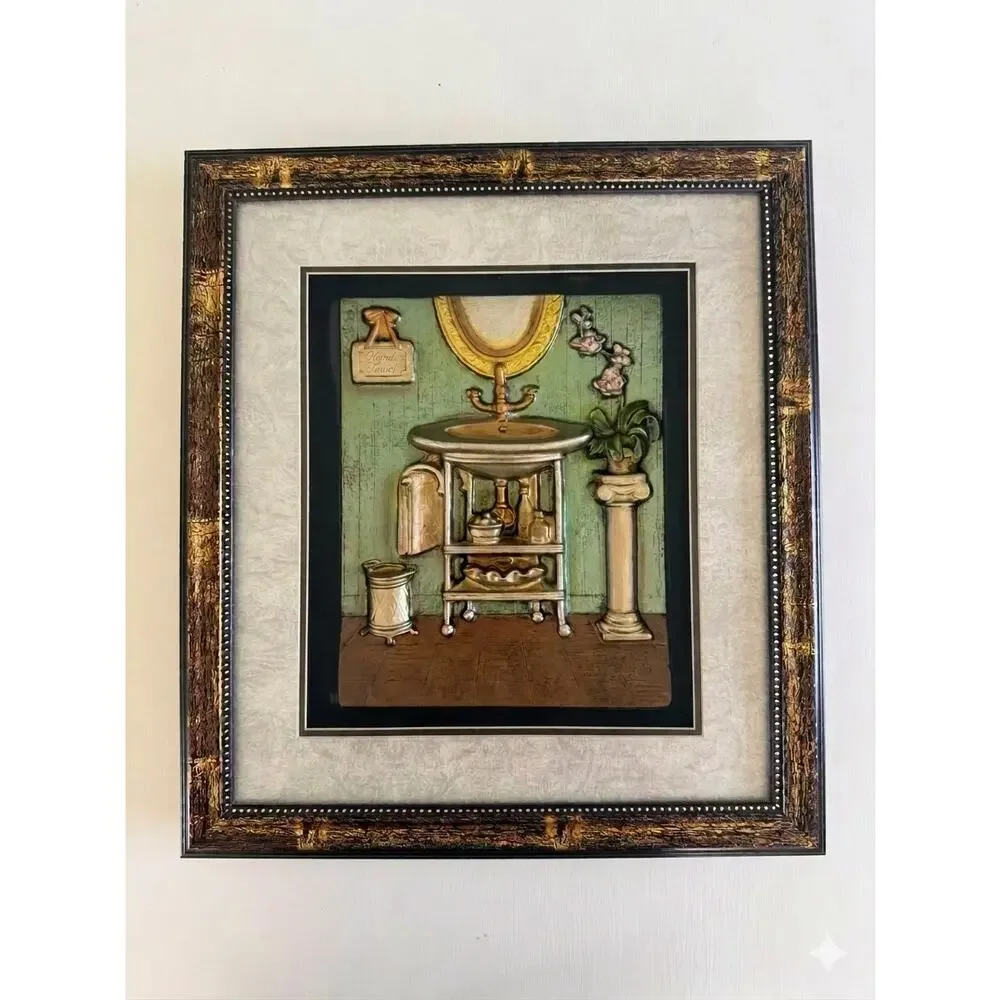 Vintage 3D Bathroom Wall Art, Shadow Box Decor, Framed Sink & Tub Scenes, 2pk